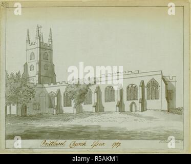 Saint Mary's Parish Church in Prittlewell, Essex ; des arbres à gauche. Prittlewel 1787 Essex l'Église. 1787. Source : Maps K.Haut.13,47. Langue : Anglais. Auteur : SMITH, JOHN THOMAS. Banque D'Images