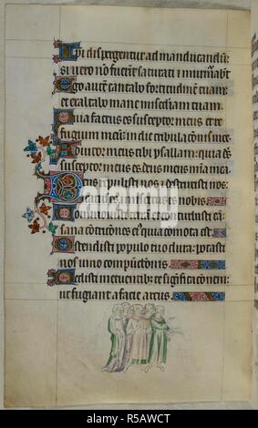 Bas-de-page scène de trois hommes et deux femmes. Psautier ('Le psautier de la Reine Mary"). Angleterre (Londres/Westminster ou East Anglia ?) ; entre 1310 et 1320. Source : Royal 2 B. VII, f.158v. Langue : Français de l'Amérique latine, avec les légendes des images. Banque D'Images