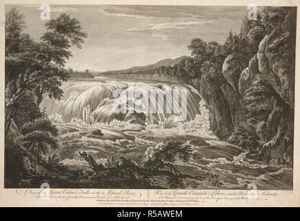 Un groupe de figures se tenir par un arbre tombé dans l'avant-plan à la recherche à la cascade derrière, avec des falaises et des arbres sur les deux rives de la rivière Mohawk et forêts en arrière-plan . Une vue de la Grande Cohoes Falls, sur la rivière Mohawk  = Vue de la Grande Cataracte de Cohoes, sur la rivière des Mohawks. Londres : publier conformément à l'acte du Parlement. Mai 1761, par Tho.s Jefferys le coin de St Martin's Lane, [1761] mai. La gravure. Source : Maps K.Haut.121,117. Langue : Anglais et Français. Auteur : SANDBY, PAUL. Banque D'Images