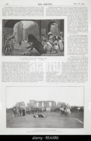 Deux illustrations et texte. L'illustration du haut est 'St. Clement danois, de Temple Bar. Une reproduction d'une gravure par I.R. et G. Cruikshank. L'illustration du bas est 'un concert en plein air à Stonehenge". À partir d'une photographie par MM. Russell et fils. Le croquis. Londres : Ingram Frères, 1893-1959. Source : HIU.LD52 page 400. Banque D'Images