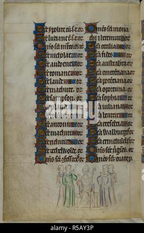 Bas-de-page lieux de l'évêque de Myra et son clergé. Psautier ('Le psautier de la Reine Mary"). Angleterre (Londres/Westminster ou East Anglia ?) ; entre 1310 et 1320. Source : Royal 2 B. VII, f.316v. Langue : Français de l'Amérique latine, avec les légendes des images. Banque D'Images