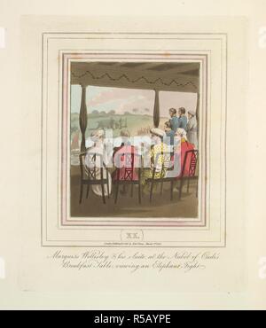 Marquis Wellesley. Le costume et les coutumes de l'Inde moderne. Londres, c.1824. Marquis Wellesley et sa suite à l'Oude de Nabob table du petit déjeuner, l'affichage d'une lutte de l'éléphant. Image prise par le costume et les coutumes de l'Inde moderne. Publié à l'origine/produit à Londres, c.1824. . Source : X 380, la plaque 20. Langue : Anglais. Auteur : Sir Charles D'Oilly. Williamson, le capitaine Thomas. Banque D'Images