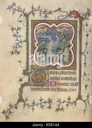 Miniature de l'Annonciation aux bergers, avec un 'D' initial(eus), et une frontière foliée, au début de Terce dans les heures de la Vierge. Livre d'heures, l'utilisation de Paris (les "heures de Nicolas Rolin'). La France, l'Europe centrale (Paris) ; le dernier quart du 14ème siècle. Source : Yates Thompson 45, f.53v. Langue : le latin et le français. Banque D'Images