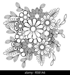 Des profils coloriage avec motif fleurs. Doodle noir et blanc guirlande. Floral mandala. Vector illustration art ligne Bouquet isolé sur fond blanc. Élément de design ronde Illustration de Vecteur