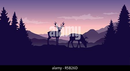 La faune sur deux rennes violet paysage de montagnes et de forêts vector illustration EPS10 Illustration de Vecteur