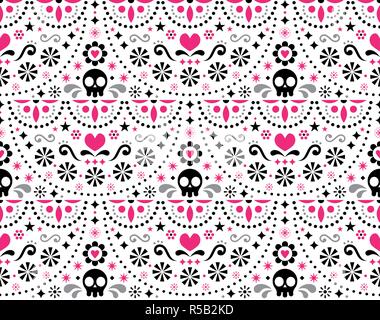 L'art populaire mexicain avec motif transparent vecteur crânes, décoration Halloween, fleurs et formes abstraites, rose, blanc et gris, design textile Illustration de Vecteur