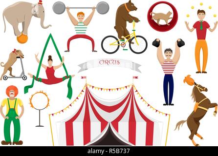 Une série de télévision illustrations vectorielles d'artistes de cirque. Clowns, acrobates et animaux entraînés. Illustration de Vecteur