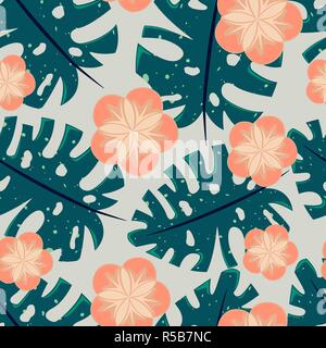 Motif de fleurs tropicales transparente et feuilles de monstera. Illustration de Vecteur