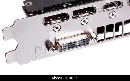 Carte graphique de l'ordinateur, l'accent sur le DVI, HDMI, Displayport connecteurs. Banque D'Images