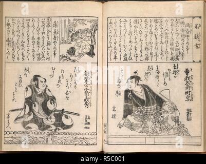 Acteurs de Kabuki. Yakusha hyakunin isshu yoso-oi Kagami. {L'un hundre. Osaka, 1800. Deux hommes acteurs de Kabuki : Arashi, Kichisaturo II (ron le droit) ; et, Arashi Hinasuke II (sur la gauche). Image réalisée à partir d'Yakusha hyakunin isshu yoso-oi Kagami. {Cent poèmes par une centaine d'acteurs, miroir de leur apparence élégante). Publié à l'origine/produit dans Osaka, 1800. . Source : 16104.a.22, 9v - 10r. Langue : japonais. Auteur : Hachimonsha Jisho. Ryukosai Jokei. Banque D'Images