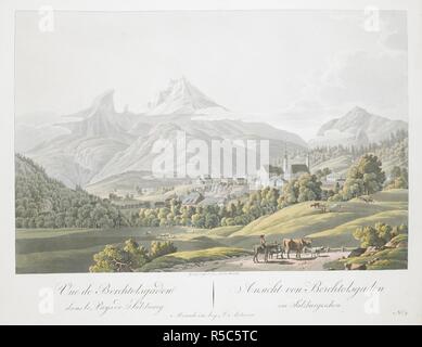 Les bovins et un berger à la périphérie de la ville de Berchtesgaden, avec clochers vu au-dessus des arbres sur la droite, le Château Royal et au-delà le Watzmann en arrière-plan . Vue de Berchtolsgaden dans le Pays de Salzbourg  = Ansicht von Berchtolsgaden Salzburgischen la GI. Neuchâtel : beÃ¿ D. Artaria, [1807]. La main, l'aquatinte et la gravure. Source : 7 Cartes.tab.64.(3.). Langue : Français et Allemand. Banque D'Images