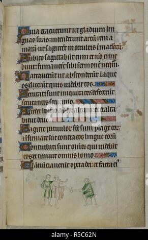 Bas-de-page scène de trois hommes, deux poussant contre le pied surélevé de l'autre. Psautier ('Le psautier de la Reine Mary"). Angleterre (Londres/Westminster ou East Anglia ?) ; entre 1310 et 1320. Source : Royal 2 B. VII, f.162. Langue : Français de l'Amérique latine, avec les légendes des images. Banque D'Images