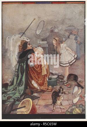 Une scène avec la cuisine chaotique Dutchess transportant un cochon habillé comme un bébé en train de Alice alors que le cuisinier jette des ustensiles. Alice's Adventures in Wonderland / par Lewis Carroll ; illustré par Gwynedd M. Hudson. [Paris ?] : Hodder et Stoughton, [1922 ?]. "Le Cuisinier à la fois mis au travail de jeter tout ce qui est à sa portée à la duchesse et le bébé.". Source : YA.1997.b.4119 page 78 d'en face. Banque D'Images