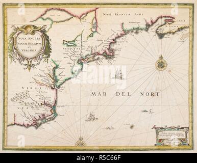 Une carte de la Nouvelle Angleterre, de la Belgique et de la Virginie. NOVA ANGLIA NOVVM BELGIVM et Virginie. Amstelodami [Amsterdam] : Johannes Janssonius Excudit, [entre 1636 et 1647.]. Source : Maps K.Haut.120.9. Langue : le latin. Banque D'Images