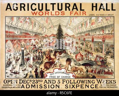 Royal Agricultural Hall, Islington. World's Fair, ch. 1879. Les locataires H. & T. Lire & F. Bailey. Vue de la salle avec arbre de Noël, d'animaux et de diverses lois. Une collection de brochures, prospectus et autres imprimés relatifs aux infirmières de l'entertainment et de la vie quotidienne. Geo : Stevens, Lith : bâtiments d'Adélaïde, London Bridge & 87 Commercial Road, E. c. 1979. Ménageries ; expositions - Angleterre. Lire, H. (Henry), d. 1893 ; lire, T. ; Bailey, F., (Francis), 1842-1902. Source : Evan.442. Auteur : Evanion, Henry. Banque D'Images