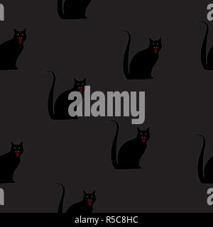 Animaux chats noir transparent motif silhouette aux yeux vert isolé sur fond noir. Vendredi 13 simplement animal print, spooky chaton, style moderne Banque D'Images