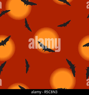 Les animaux sauvages sans les chauves-souris modèle silhouette noire battant, pleine lune sur ciel de nuit. Drawn cartoon Halloween avec le vol d'ombre vampire spooky Banque D'Images