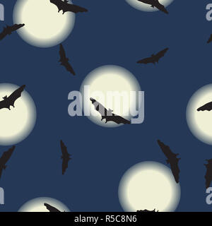 Les animaux sauvages sans les chauves-souris modèle silhouette noire battant, pleine lune sur ciel de nuit. Drawn cartoon Halloween avec le vol d'ombre vampire spooky Banque D'Images