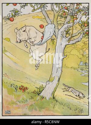 Un chat saute d'un arbre après la cueillette des pommes alors que le grand méchant loup est passé. L'histoire des trois petits cochons. Avec des dessins de L. Leslie Brooke. Frederick Warne & Co. : London & New York, [1904]. Source : 12812.b.33. Banque D'Images