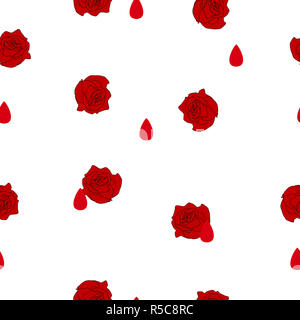 Résumé motif transparent petites fleurs roses rouge sang et gouttes sur fond blanc. Illustration Halloween concept ornement de la vie et de la mort Banque D'Images