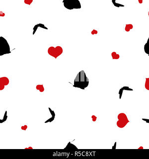 Résumé transparente motif animal silhouettes noires de papillons et de coeurs rouge isolé sur fond blanc. Valentines Day répétant floral Banque D'Images