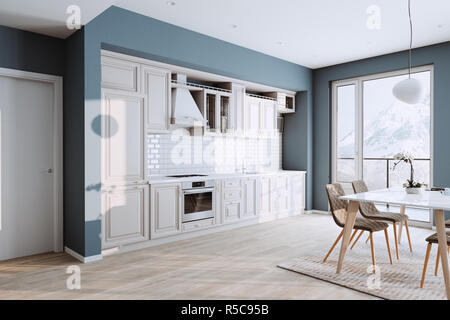 Belle cuisine classique en nouvelle maison de luxe avec planchers de bois, et en acier inoxydable 3D render Banque D'Images