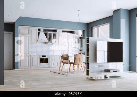 Belle cuisine classique en nouvelle maison de luxe avec planchers de bois, et en acier inoxydable 3D render Banque D'Images