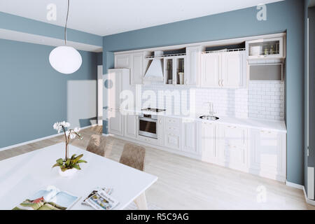 Belle cuisine classique en nouvelle maison de luxe avec planchers de bois, et en acier inoxydable 3D render Banque D'Images
