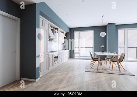 Belle cuisine classique en nouvelle maison de luxe avec planchers de bois, et en acier inoxydable 3D render Banque D'Images