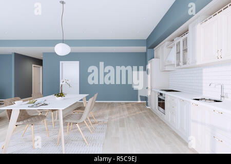 Belle cuisine classique en nouvelle maison de luxe avec planchers de bois, et en acier inoxydable 3D render Banque D'Images
