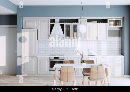 Belle cuisine classique en nouvelle maison de luxe avec planchers de bois, et en acier inoxydable 3D render Banque D'Images