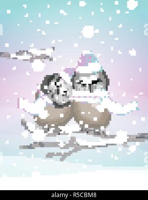 Deux hiboux mignon avec bonnet et écharpe en tricot sur un fond d'hiver gelé. Paysage en violet et vert menthe des tons neutres, avec chute des flocons et em Illustration de Vecteur