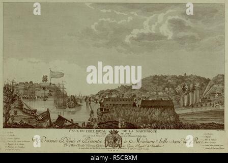 Un homme et une femme vu de dos au premier plan à la position de la ville de Fort-Royal vu au-delà d'une forêt, avec un bateau amarré dans la baie de gauche. Navires à voile près de Fort Saint Louis au milieu gauche, barils entassés dans le bord de l'eau et maisons dans le milieu, avec des entrepôts de l'armée, une rivière, un pont sur la droite et les collines en arrière-plan. I.RE VUE DU FORT ROYAL DE LA MARTINIQUE : DU COTÃ‰ DU PORT. faire levier sur un mi-cote du Morne qui est au bas de l'Habitation de Madame Vanier. [Paris] : Se vend Ã Paris chez NÃ©e rue des Francs Bourgeois Porte S. Michel Maison du CaffÃ© de la nouvelle Banque D'Images