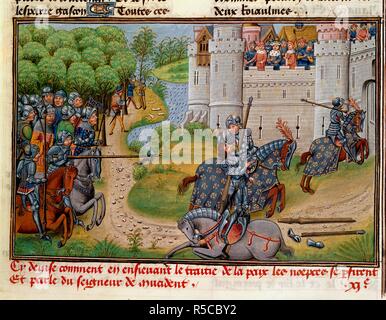 La mort de De Lagurant. Chronique d'Angleterre (Volume III). S. Pays-bas (Bruges), fin du 15e siècle. (Miniature) chevaliers avec lances la lutte contre l'extérieur de murs du château ; la mort de De Lagurant. Image prise à partir de la Chronique d'Angleterre (Volume III). Publié à l'origine/produit dans S. Pays-bas (Bruges), fin du 15e siècle. . Source : Royal 14 E. IV, f.34. Langue : Français. Banque D'Images