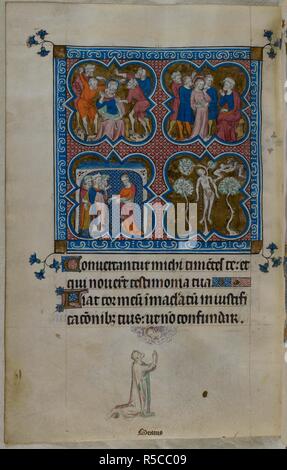 Miniature avec quatre scènes dans quatrefoils, avec (en haut à gauche) se moquer du Christ, (en haut à droite) Le Christ devant Pilate, (en bas à gauche) Judas le jeter trente pièces d'argent et (en bas à droite) Judas se pendre et un diable emportant son âme. Un bas-de-page scène de James le moins prier ci-dessous un nuage contenant le Christ. Psautier ('Le psautier de la Reine Mary"). Angleterre (Londres/Westminster ou East Anglia ?) ; entre 1310 et 1320. Source : Royal 2 B. VII, f.248v. Langue : Français de l'Amérique latine, avec les légendes des images. Banque D'Images
