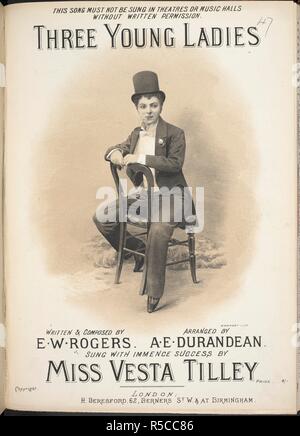 Mlle Vesta Tilley, apparaissant dans 'Trois jeunes dames.' Matilda Alice Powles (13 mai 1864 - 16 septembre 1952), était un artiste de music hall qui a adopté, à l'âge de 11 ans, le nom de scène de Vesta Tilley et qui est devenu l'un des plus célèbres travestis masculins de son époque. . Trois jeunes femmes.  <Chanson. > Written & composée par E. W. Rogers. Organisé par A. E. Durandeau, etc. Londres : H. Beresford, [1892]. Source : H.3981.P(47) capot avant. Banque D'Images