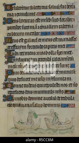 Bas-de-page scène montrant deux chevaliers laisser à l'autre tandis que l'article dans les barques. Psautier de la reine Mary. Angleterre (Londres) ; années 1310-1320. Source : Royal 2 B. VII, f.159. Langue : le latin. Banque D'Images