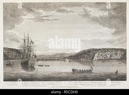 Un grand voilier sur le fleuve Saint-Laurent ; les hommes dans des barques à proximité, un rivage bordé d'arbres au sol ; les bâtiments de Cap-Rouge au loin. Vue du Cap Rouge ou de Carouge, à 14 kilomètres au-dessus de la ville de Québec sur la rive nord du fleuve Saint-Laurent. 1500 : de ce lieu choisi troupes à tje le point du jour est tombé en bas du fleuve sur le reflux de marée pour le lieu du débarquement, 13 sept 1759. Londres : publier'd selon une loi du Parlement le 5 novembre 1760 par T Jefferys le coin de St Martin's Lane., [5 novembre 1760]. La gravure. Source : Maps K.Haut.119,46. Langue : Français et Banque D'Images