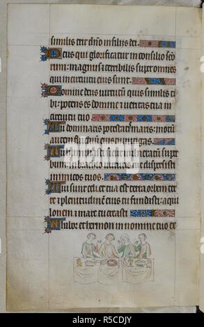 Bas-de-page scène de trois hommes et une femme à une table. Psautier ('Le psautier de la Reine Mary"). Angleterre (Londres/Westminster ou East Anglia ?) ; entre 1310 et 1320. Source : Royal 2 B. VII, f.199v. Langue : Français de l'Amérique latine, avec les légendes des images. Banque D'Images