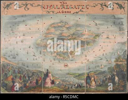 Reinacting jeu géographique un yacht de course. Fabriqué pour commémorer le Royal Yacht Squadron's 100 Guinée tasse d'août 1851, dans lequel les joueurs utilisent des compteurs et des dés de la carte pour la course autour de l'île de Wight. Vue en perspective de l'île de Wight et Solent du nord, vu de la colline imaginaire. Sur le Solent peut être identifiée la flotte navale britannique et le yacht royal Victoria et Albert (construit en 1855). Une foule à observer la course du paysage environnant. Gravure aquatinte colorée à la main. En 9 panneaux et montée sur lin. Le Royal Banque D'Images