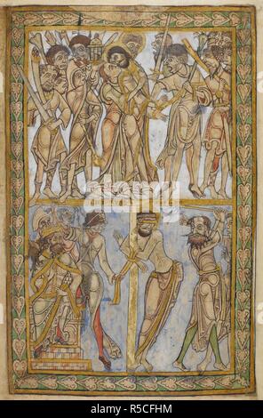 Ci-dessus ; la trahison du Christ. Le Christ est adopté par Judas ; derrière Peter radie l'oreille de Malchus. Ci-dessous ; la flagellation. Au centre, le Christ attaché à un pilier, avec ceux qui frappaient des deux côtés. Pilate est habillé en roi, un petit diable chuchote à son oreille. Psautier Winchester [psautier de Henry de Blois ; psautier de Saint Swithun]. Winchester [Prieuré de Saint Swithun ou Hyde Abbey ?] ; entre 1121 et 1161. Source : Cotton Nero C. IV, f.21. Langue : le latin et le français. Banque D'Images