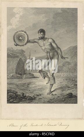 Un homme de la danse des îles Sandwich. Dessiné par John Webber et gravé par Charles Grignion. Une scène à Hawaii en 1778. Un homme avec les jambes et les bras tatoués tient une arme à plumes circulaire bouclier dans sa main droite. Autour du cou est l'algue et il a les dents du chien leggings joint ci-dessous ses genoux. Il est la danse. Dans l'arrière-plan fait partie d'une maison, avec un muret en pierre et une banane palm. Une collection de dessins par A. Buchan, S. Parkinson, et J. F. Miller, réalisés dans les pays visités par le capitaine James Cook dans son premier voyage [1768-1771], également d'impressions publié dans John Hawksworth's Vo Banque D'Images