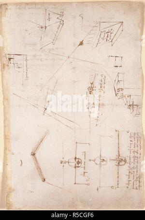 Dessins de Leonardo Da Vinici sur sur les pouvoirs et les forces mécaniques, percussion, gravité, mouvement, l'optique et l'astronomie, avec diverses propositions arithmétiques et géométriques. Leonardo Da Vinci's rough livre des observations. L'Italie, au début du 16e siècle. Écrit à l'envers dans la main de l'auteur, et illustrée par des schémas et des délimitations. Leonardo Da Vinci's livre rugueux d'observations et des démonstrations sur des sujets principalement des mathématiques mixtes., étant sans rapport des notes écrites par lui, à différents moments, à compter du 22 mars,1508. Source : Arundel 263, f.126. Langue : Italien. Banque D'Images