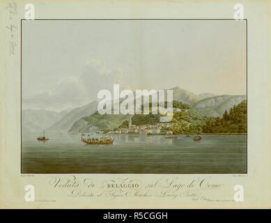 Un groupe d'hommes et de femmes s'asseoir sous un auvent sur un bateau exploité par six rameurs sur le lac de Côme au premier plan, avec le village de Bellagio sur la côte et les montagnes en arrière-plan. Veduta di BELAGGIO sul Lago di Como : Dedicata al Signor Marchese Lorenzo Trotti. Vienne : presso e Artaria Comp. e trovasi a Milano, presso Ferd. Artaria, [entre 1810 et 1820]. Source : Maps K.Haut.77,46.3.a. Langue : Italien. Banque D'Images