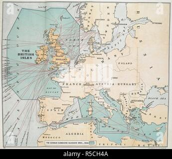 Un graphique de la première guerre mondiale montrant la zone de blocus sous-marin allemand. La zone de blocus sous-marin allemand. London : Hodder & Stoughton, 1917. Source : 09083.c.12 fold-out. Banque D'Images