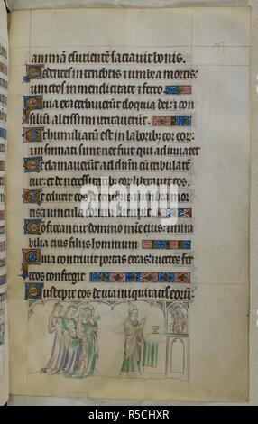 Bas-de-page de la scène consacrée St. Bon, évêque de Clermont, célébrer la Messe une nuit avant la Vierge assistée par deux femelles. Psautier ('Le psautier de la Reine Mary"). Angleterre (Londres/Westminster ou East Anglia ?) ; entre 1310 et 1320. Source : Royal 2 B. VII, f.227. Langue : Français de l'Amérique latine, avec les légendes des images. Banque D'Images