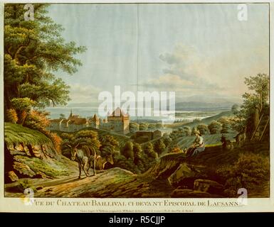 Une femme repose assis par un chemin sous les arbres, avec deux chèvres à côté d'elle sur la droite et deux ânes sur la gauche au premier plan. Vue de Château Baillival à Lausanne et le lac Léman en arrière-plan. VUE DU CHATEAU BAILLIVAL CI-DEVANT CITÉ ÉPISCOPALE DE LAUSANNE. [Bâle] : [Christian von Mechel], [entre 1770-1780]. La gravure à la main. Source : Maps K.Haut.85,59.b. Langue : Français. Banque D'Images