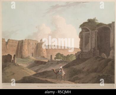 L'entrée ouest de Shere Shah's Fort, Delhi. Le Vieux Fort ou Purana Qila a été construit par le souverain Afghan Sher Shah. Les vestiges d'un fossé qui est connecté avec la Jumna River sur un côté du fort sont visibles. 1796. L'aquatinte colorée. Source : P923. Langue : Anglais. Auteur : DANIELL, THOMAS. Banque D'Images