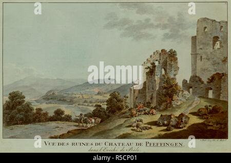 Un berger s'occupe de son troupeau parmi les ruines de Pfeffingen Château au premier plan, avec un homme guidant un cheval tirant une charrette sur une route derrière et vue sur les collines et les champs à l'arrière-plan. . VUE DES RUINES DU CHÂTEAU DE PFEFFINGEN dans l'EvÃ©chÃ© de BÃ¢le. Ã BÃ¢le : chez Chr. de Mechel, [entre 1785 et 1795]. 1 : impression gravure coloriée au feuille ; 25,2 x 38,2 cm (boîte ci-dessous platemark). Source : Maps K.Haut.86.2. Langue : Français. Auteur : MECHEL, CHRISTIAN VON. Banque D'Images