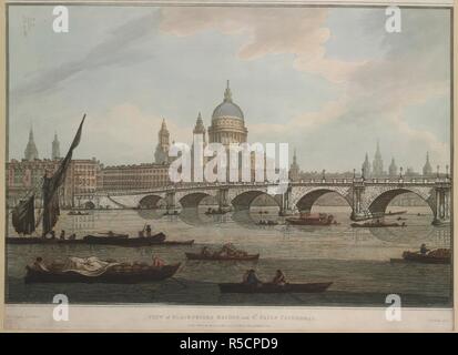 Vue de la Tamise de Blackfriars Bridge, avec Saint Paul's au-delà ; un certain nombre de bateaux en premier plan, certains chargés de marchandises, d'autres avec les passagers, une barge à côté du pont. Afficher tout de noir FRÈRES BRIDGE, et la CATHÉDRALE ST PAUL. Londres : publiée en tant que la loi ordonne le 31 mai 1790 par W. Byrne No 79. rue Titchfield, [31 mai 1790]. L'aquatinte et la gravure avec la main-coloration. Source : Maps K.Haut.22.38.e. Langue : Anglais. Auteur : Stadler, Joseph C. Banque D'Images